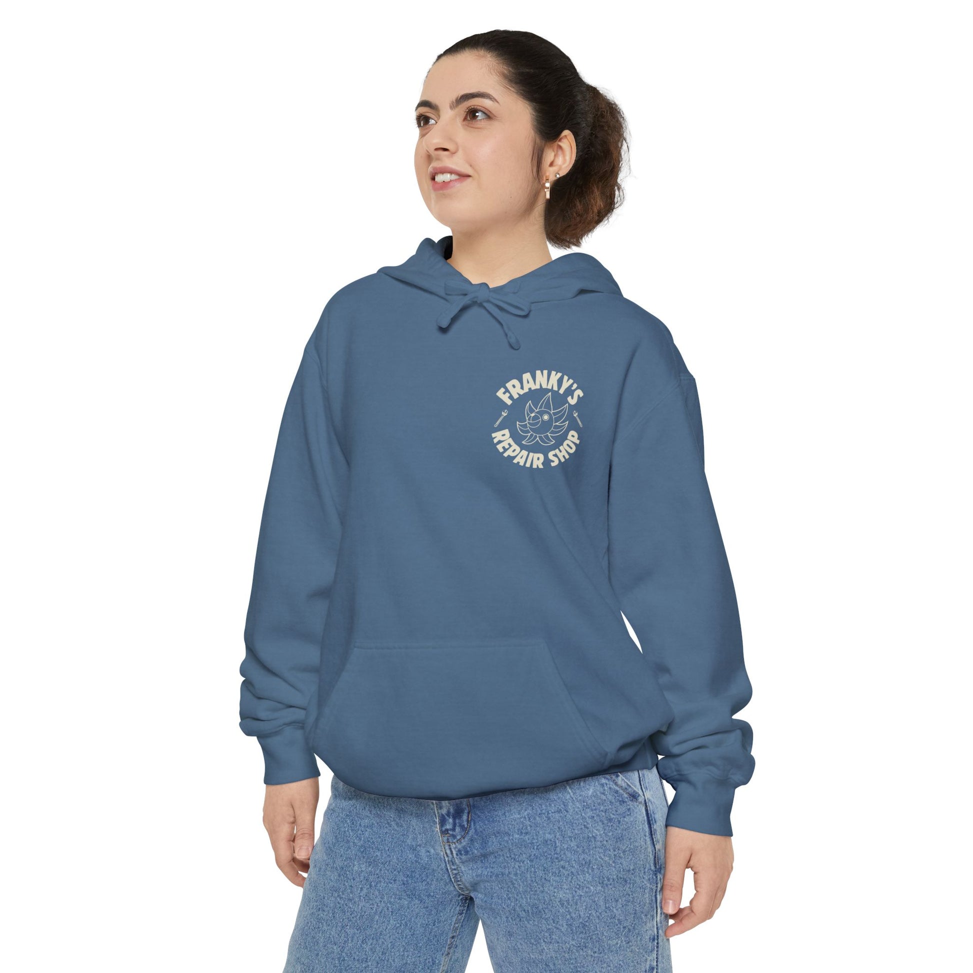 Anime Relaxed Fit Frankys Repair Shop Retro Style Garment-Dyed Hoodie