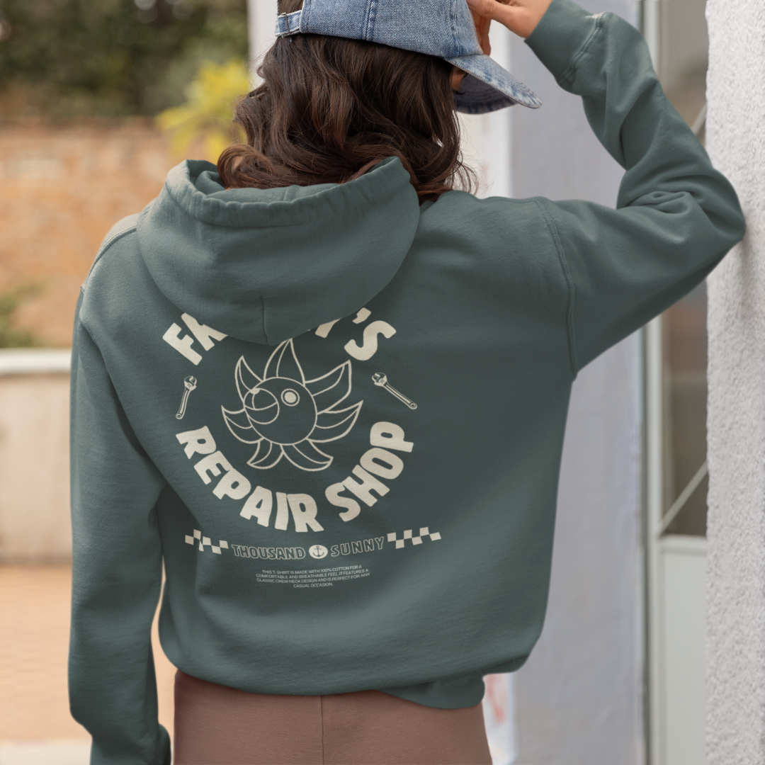 Anime Relaxed Fit Frankys Repair Shop Retro Style Garment-Dyed Hoodie