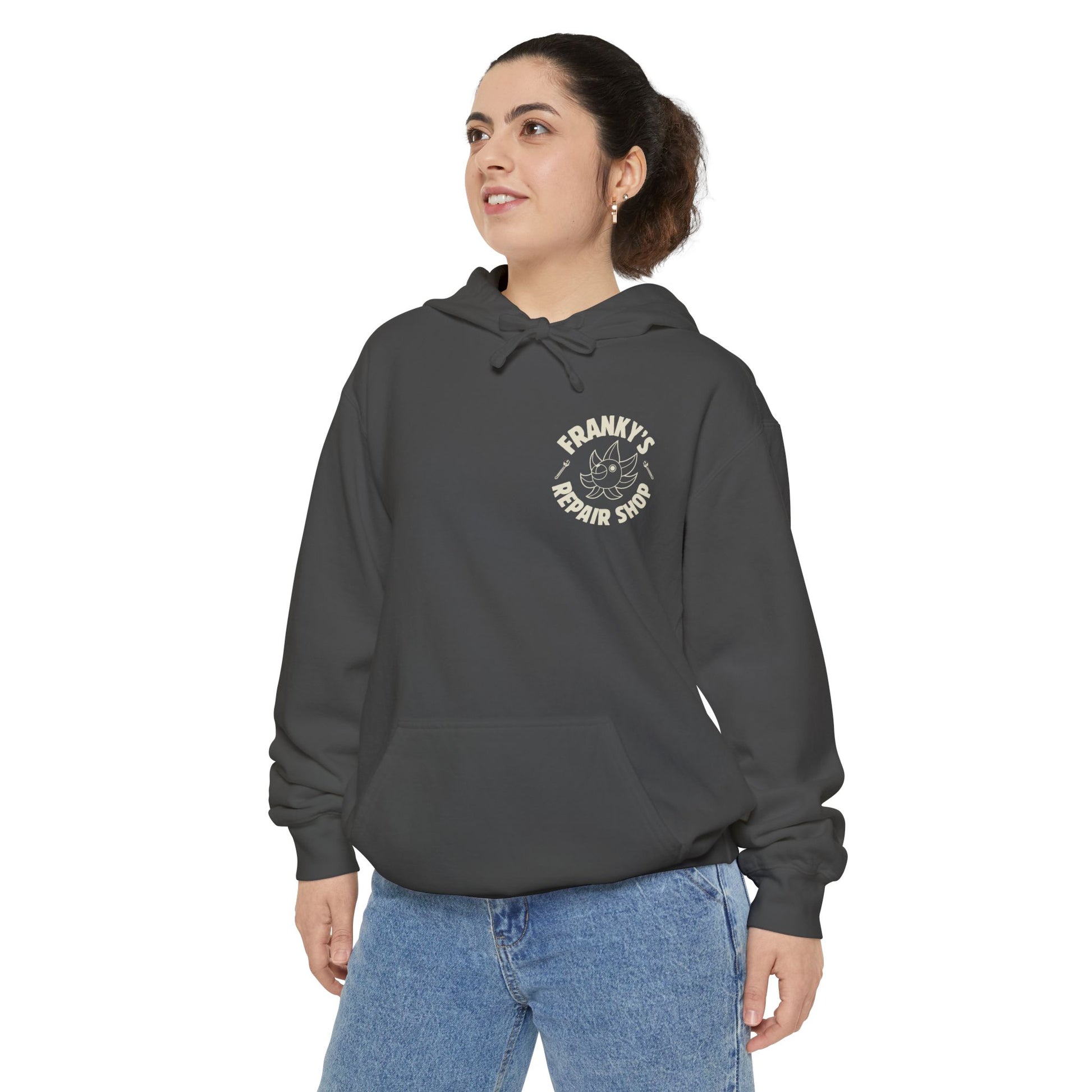 Anime Relaxed Fit Frankys Repair Shop Retro Style Garment-Dyed Hoodie
