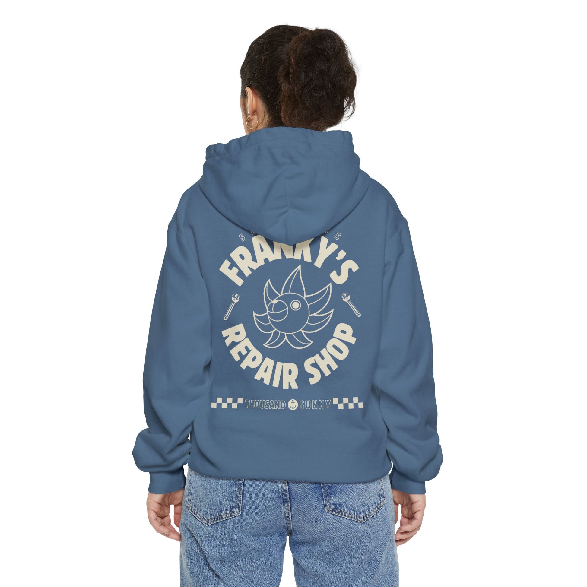Anime Relaxed Fit Frankys Repair Shop Retro Style Garment-Dyed Hoodie