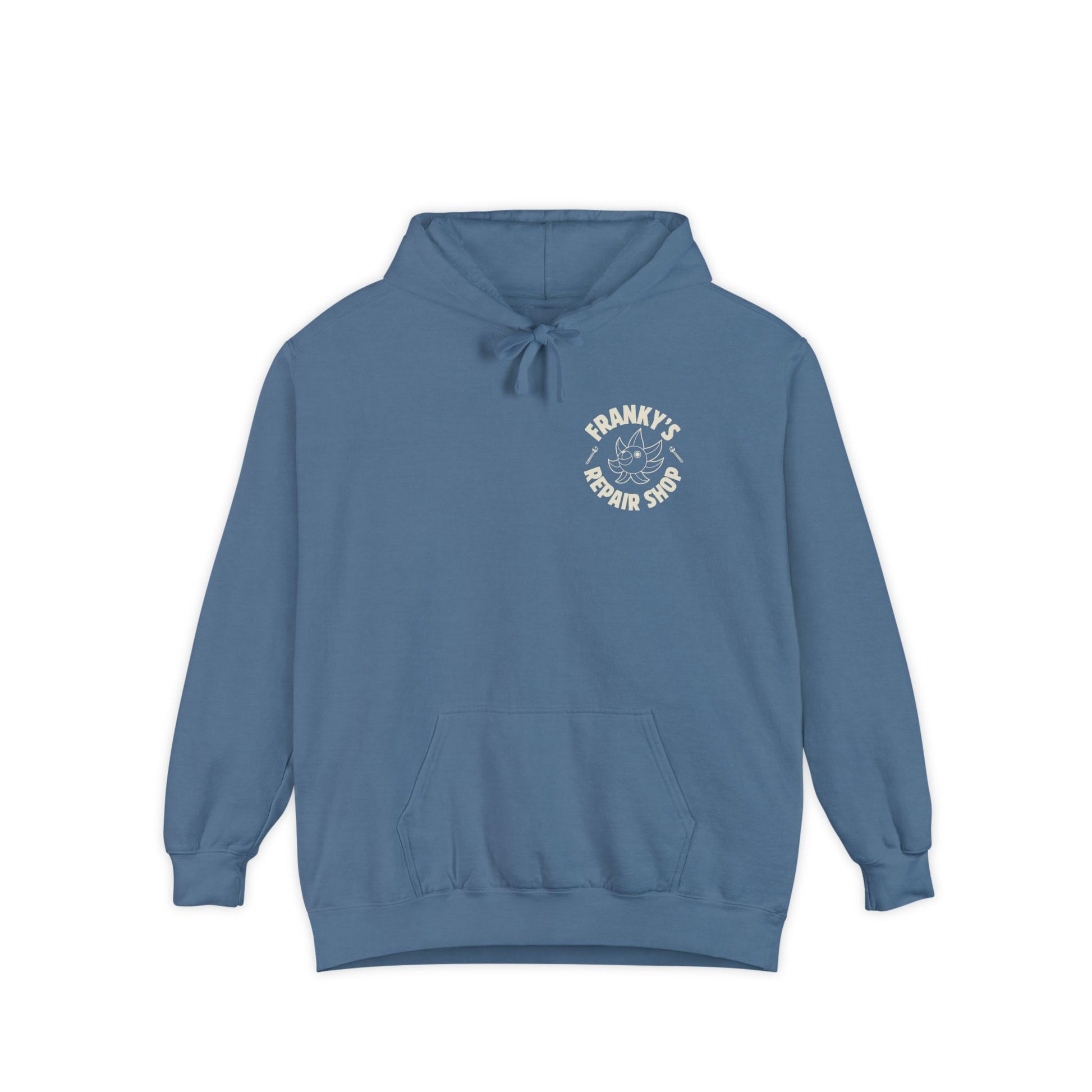 Anime Relaxed Fit Frankys Repair Shop Retro Style Garment-Dyed Hoodie