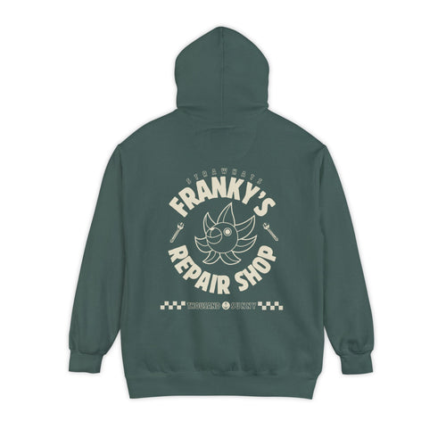 Anime Relaxed Fit Frankys Repair Shop Retro Style Garment-Dyed Hoodie
