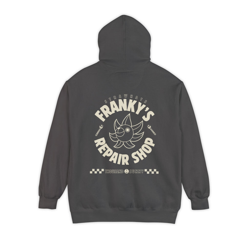 Anime Relaxed Fit Frankys Repair Shop Retro Style Garment-Dyed Hoodie
