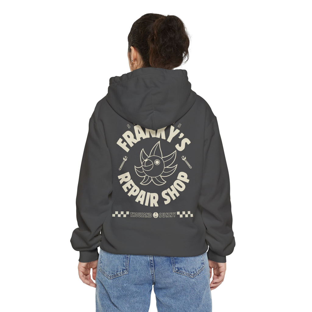 Anime Relaxed Fit Frankys Repair Shop Retro Style Garment-Dyed Hoodie