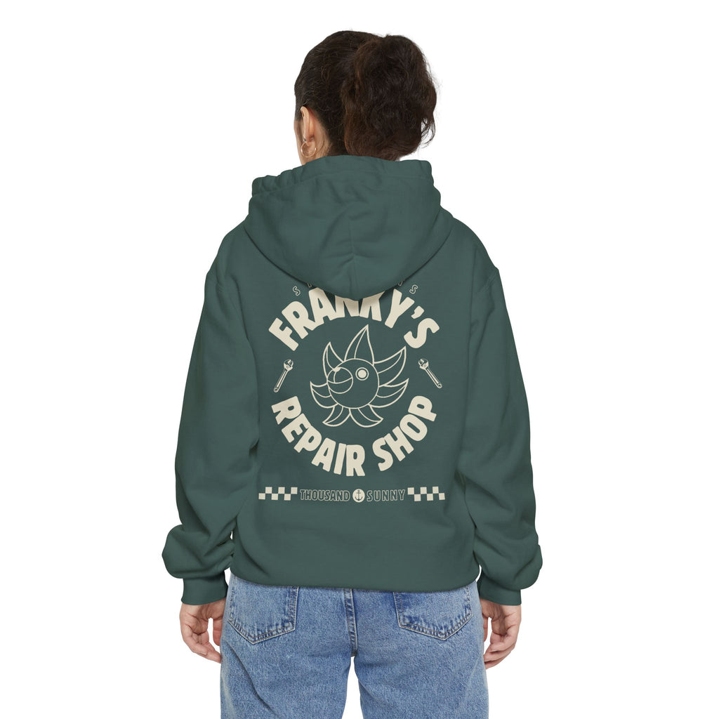 Anime Relaxed Fit Frankys Repair Shop Retro Style Garment-Dyed Hoodie