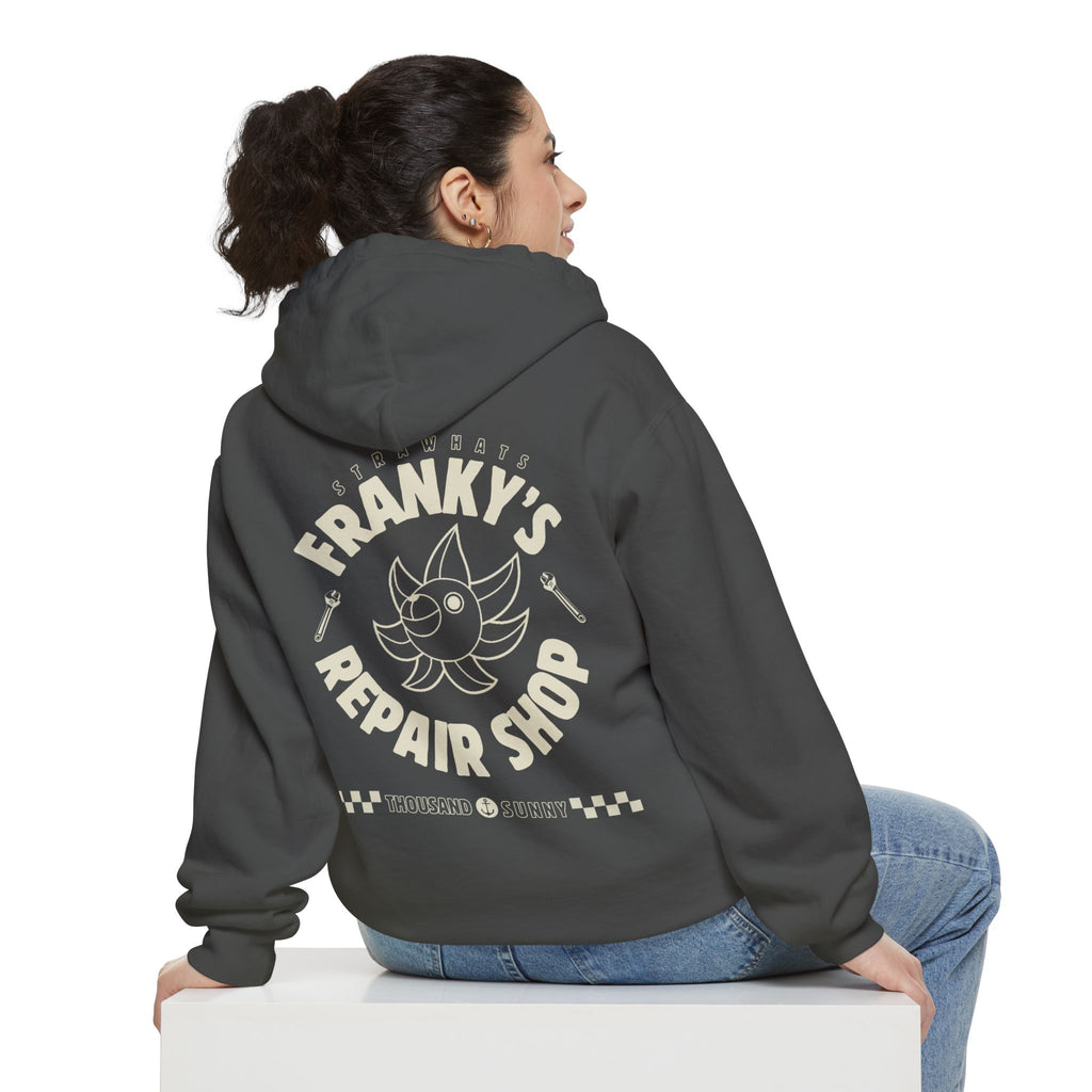 Anime Relaxed Fit Frankys Repair Shop Retro Style Garment-Dyed Hoodie