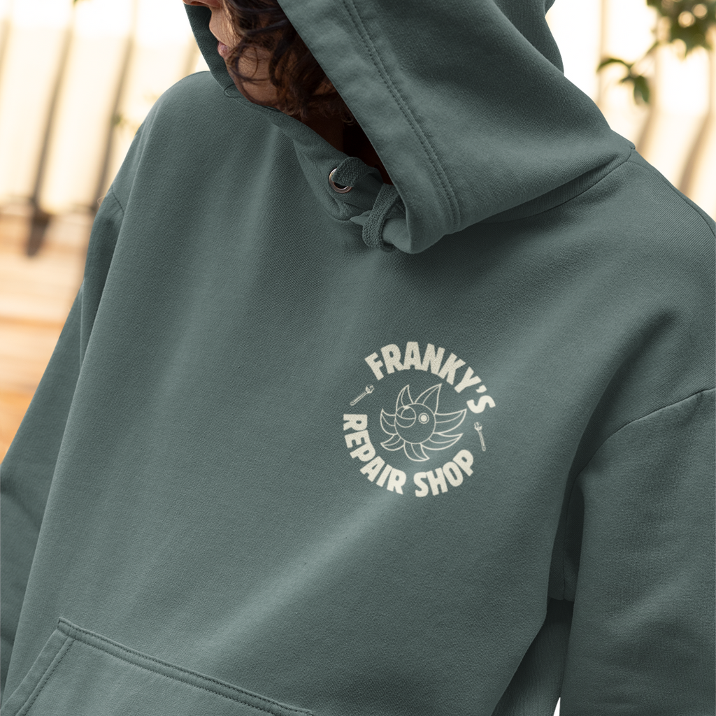 Anime Relaxed Fit Frankys Repair Shop Retro Style Garment-Dyed Hoodie