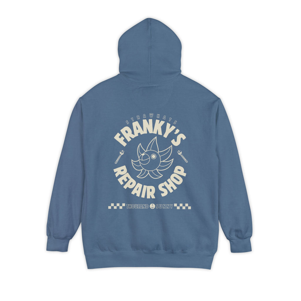 Anime Relaxed Fit Frankys Repair Shop Retro Style Garment-Dyed Hoodie