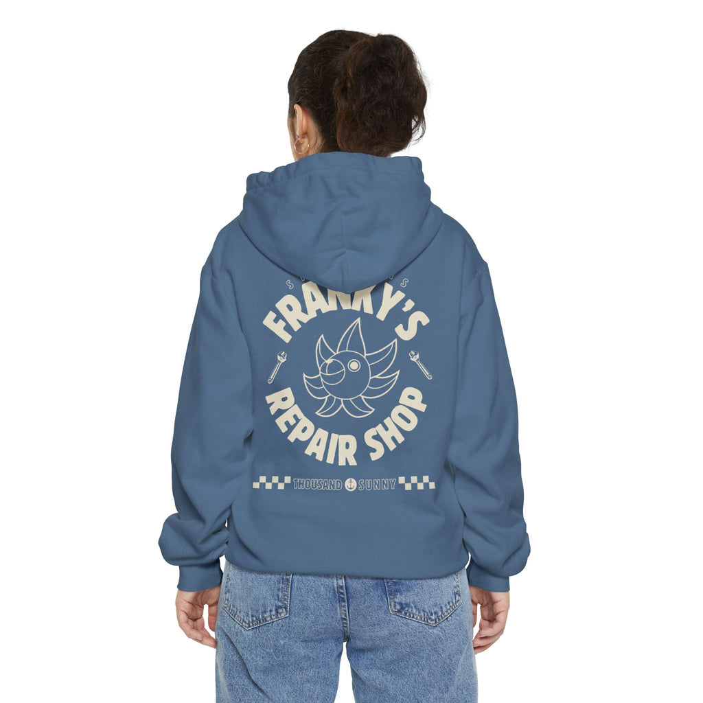 Anime Relaxed Fit Frankys Repair Shop Retro Style Garment-Dyed Hoodie