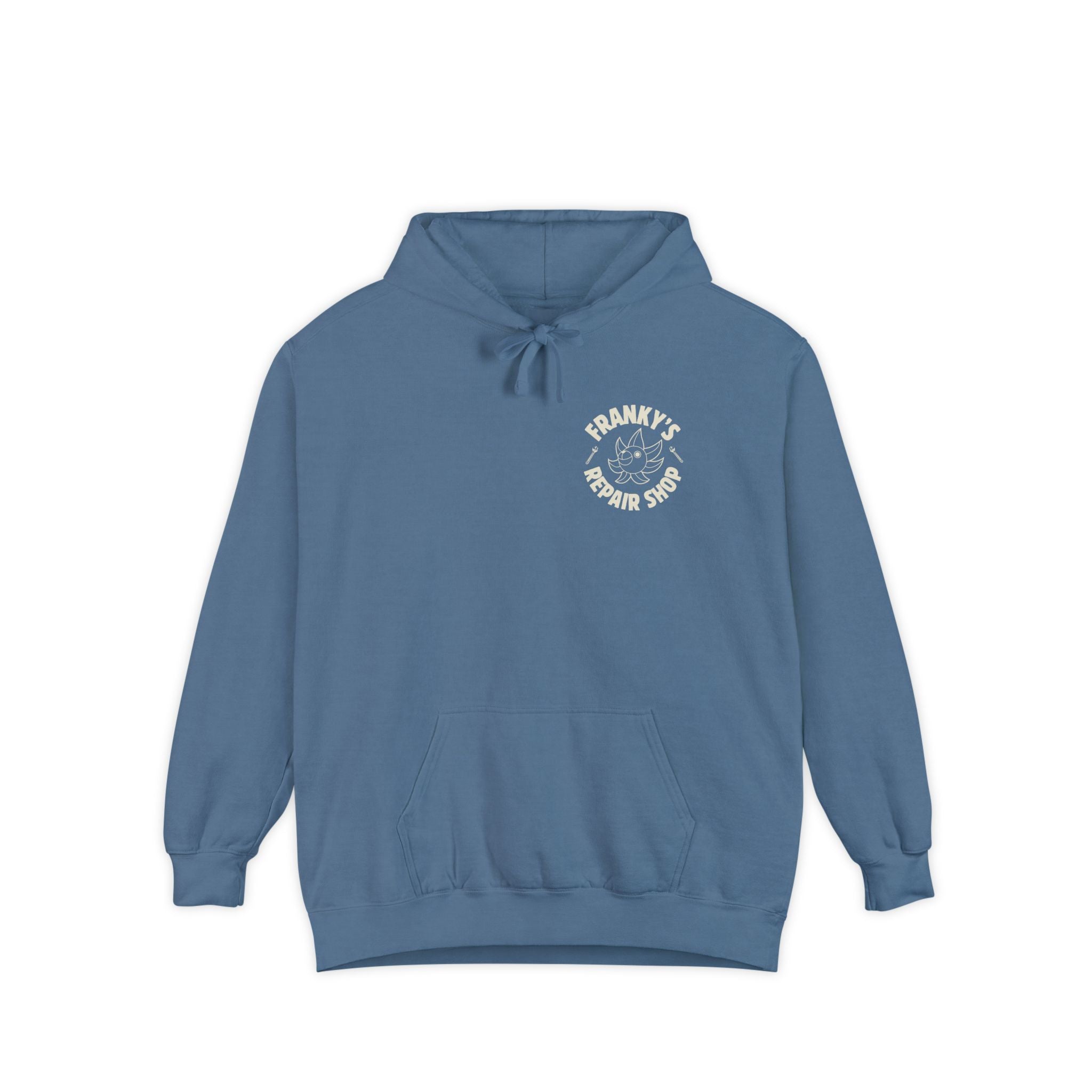 Anime Relaxed Fit Frankys Repair Shop Retro Style Garment-Dyed Hoodie