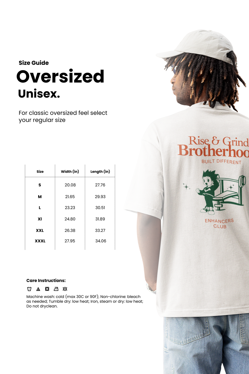 Person wearing a white t-shirt with 'Rise & Grind Brotherhood' graphic, size chart on the left.
