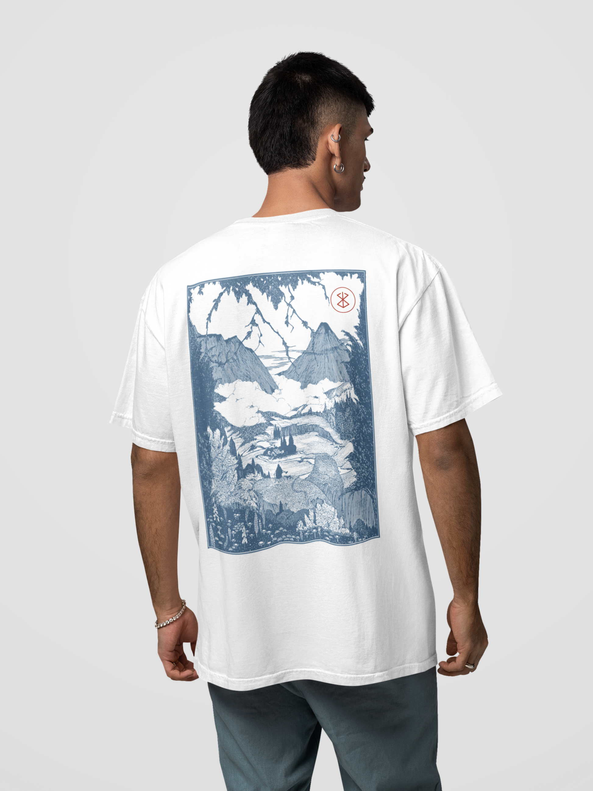 Black Swordsman Scenic Back Print Essentials T -Shirt