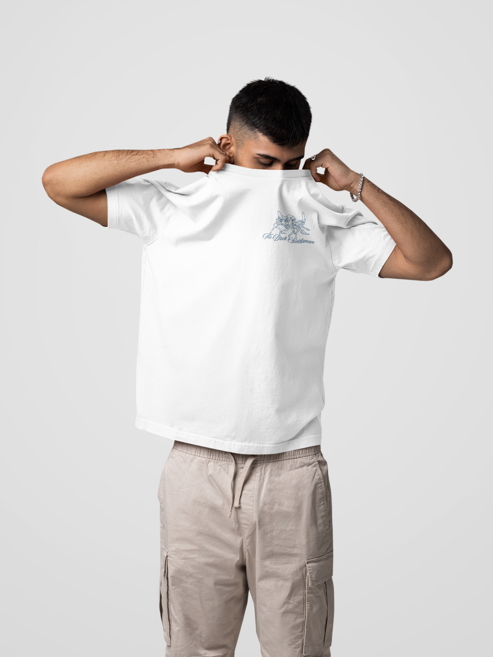 Black Swordsman Scenic Back Print Essentials T -Shirt